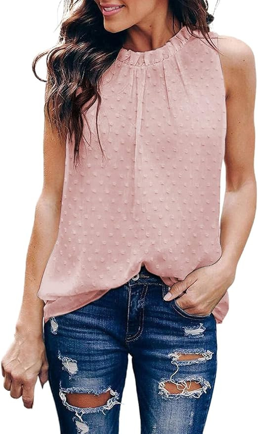 Women Tank Tops Dressy Sleeveless Blouse Chiffon Halter Ruffle Swiss Dot Shirts | Amazon (US)