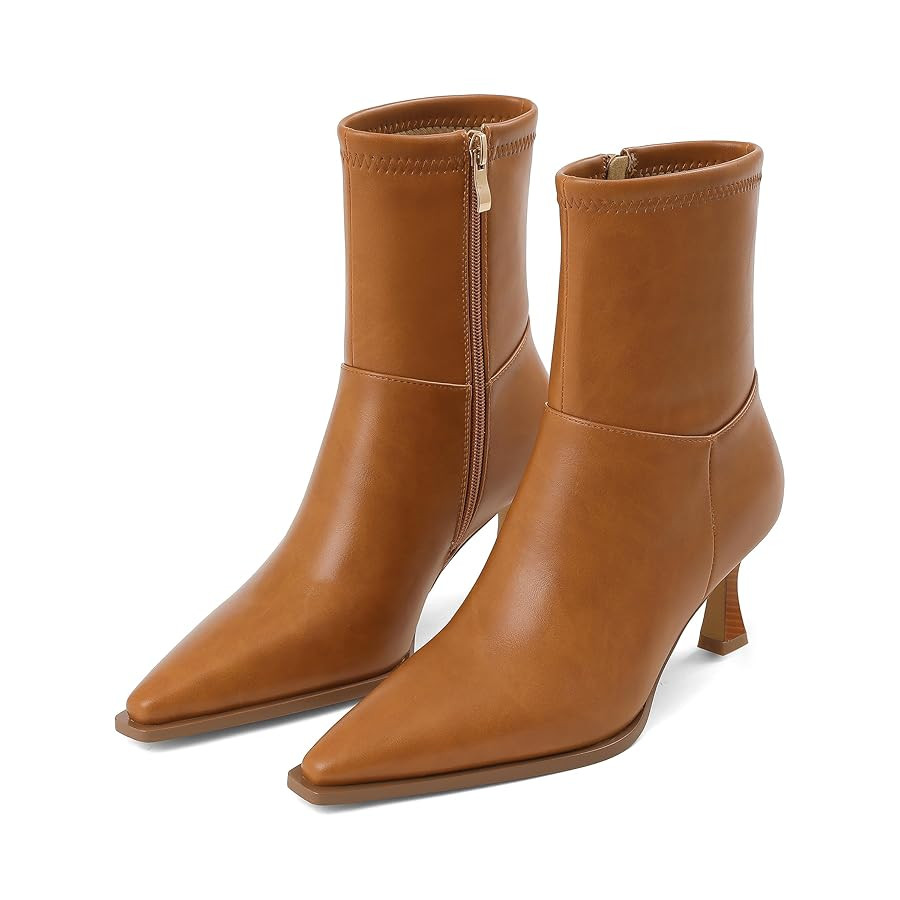 Womens Brown Suede Fall Boots with Side Zip, Ankle, Mid Calf, Pointed Toe, Kitten Heel, Dressy, S... | Amazon (US)