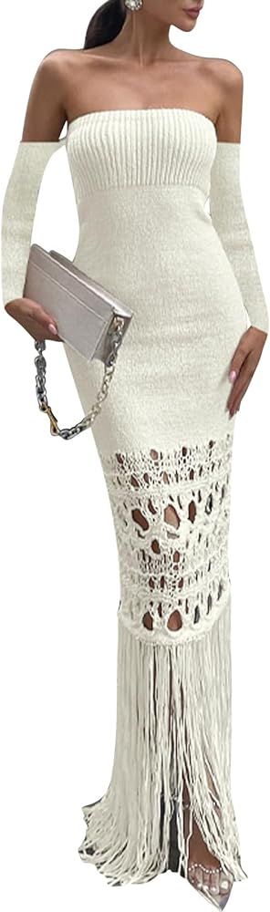 ccisppal Women's Off Shoulder Fringe Hem Knit Sweater Bodycon Party Long Dress | Amazon (US)