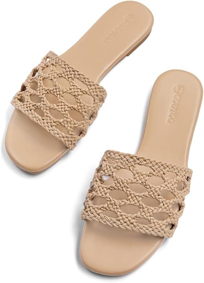 Coutgo Womens Flat Sandals Dressy Open Square Toe Slip On Slide Sandals Beach Vacation Shoes | Amazon (US)
