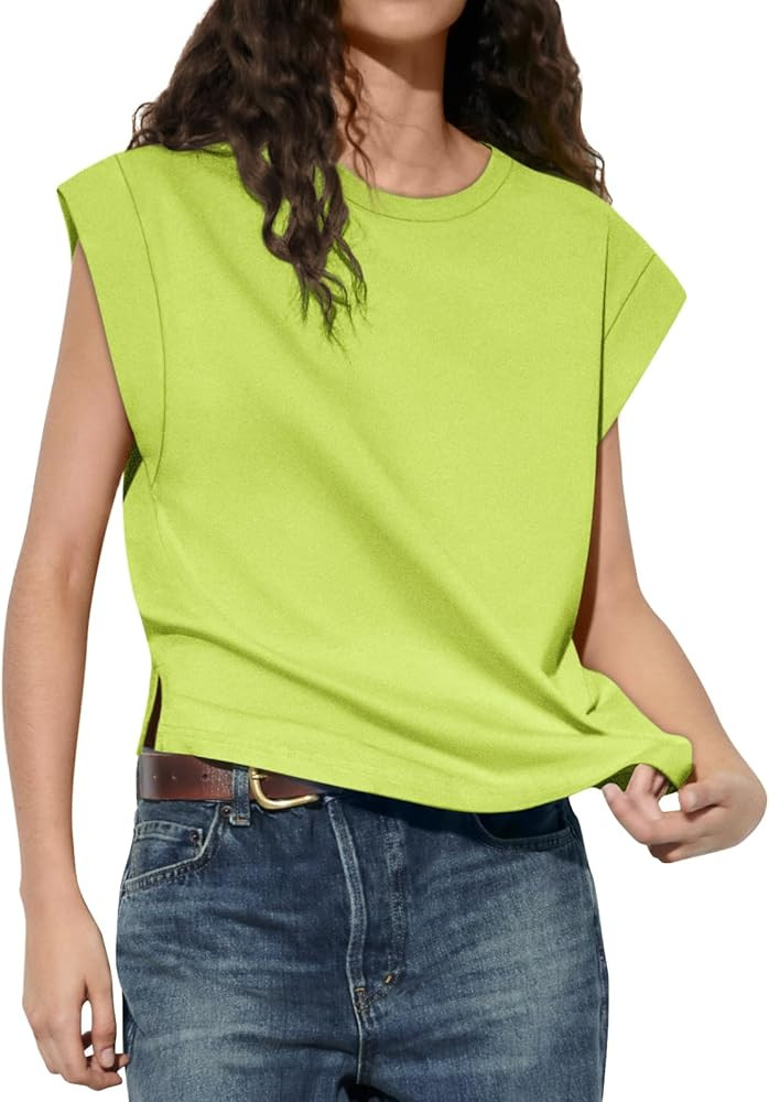 Yousify Womens Tops Cap Sleeve Casual Loose Fit Shirts Summer Crew Neck Solid Short Basic Tees | Amazon (US)