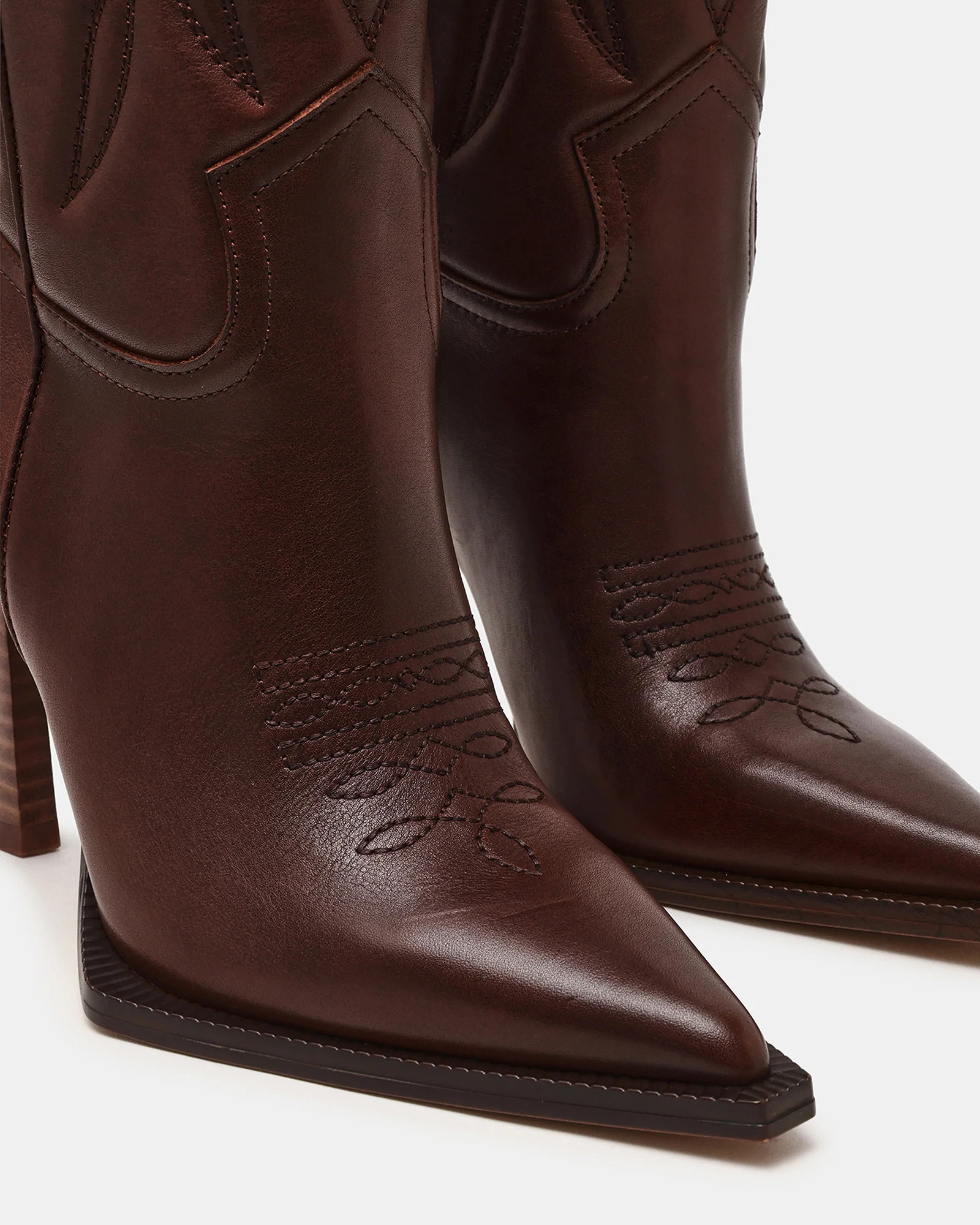 KINZEE Brown Leather Pointed-Toe Knee-High Western Stiletto Women's Boot | Steve Madden (US)