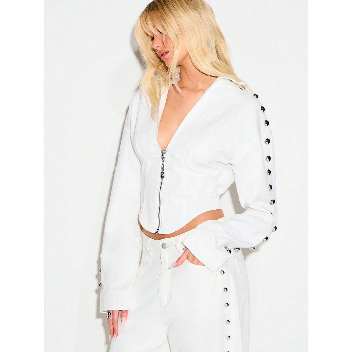 KIZN Women's White Denim Zip Front Shirt With Metal Stud Detailing Long Sleeve Button Down Collared Top | SHEIN