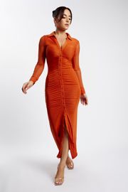 Jenny Mesh Ruched Maxi Dress - Burnt Orange | MESHKI US