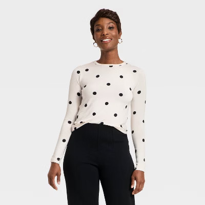 Women's Long Sleeve Fitted Jersey T-Shirt - A New Day™ Black/White Dot XL | Target