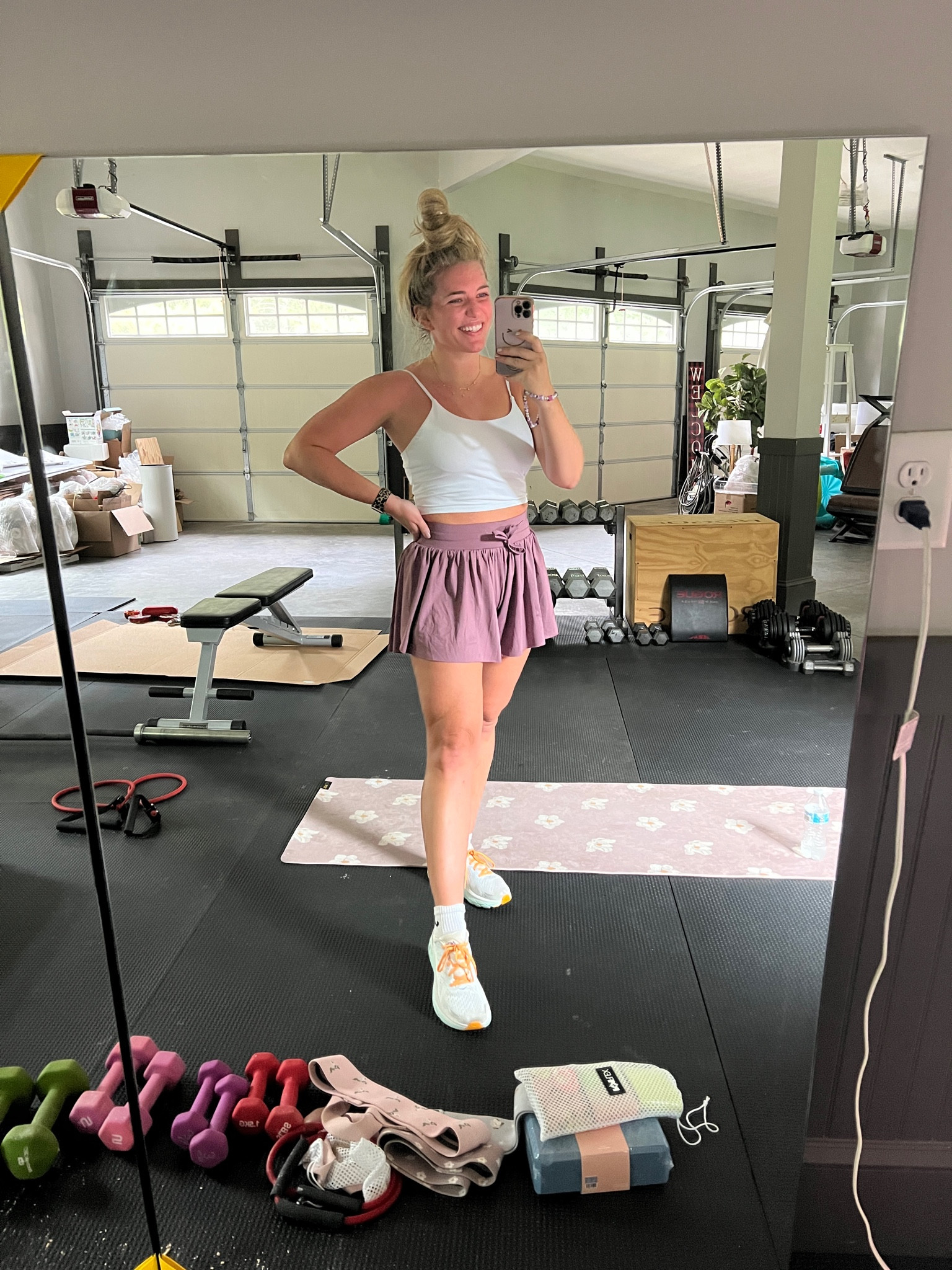 Workout OOTD! 
Shorts tts - M. So comfy & stretchy! Built in bike shorts with large pocket 
Tank sized up 1 to L. Built in bra with removable padded cups 
Hoka sneakers tts. So comfy! 

#LTKunder50 #LTKsalealert #LTKfit