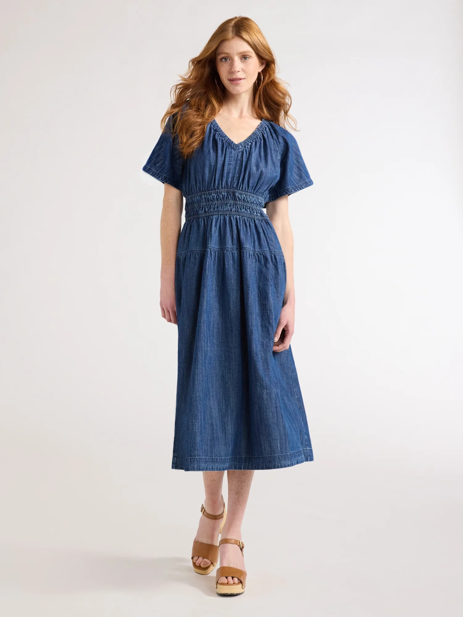 Free Assembly Women's Denim Tiered Midi Dress with Flutter Sleeves, Sizes XS-XXL | Walmart (US)