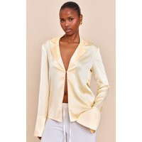 Butter Yellow Satin Hook And Eye Detail Oversized Shirt | PrettyLittleThing US