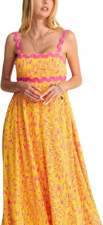 Womens Casual Maxi Dress Retro Heart Print Scalloped Trim Summer Sundress Yellow Pink Beach Party... | Amazon (US)