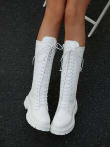 Autumn/Winter New Thick Sole Over-The-Knee Boots, Punk Lace-Up Side Zipper Fashion Women Riding B... | SHEIN