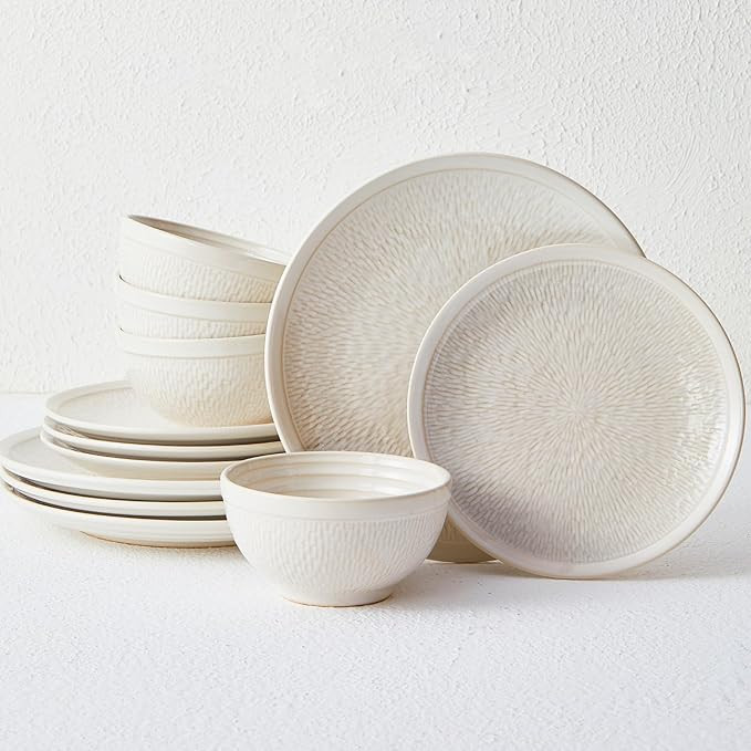 Pokini Beige Relief Plates and Bowls Sets, 12 Pieces Stoneware Dinnerware Set Service for 4, Vint... | Amazon (US)