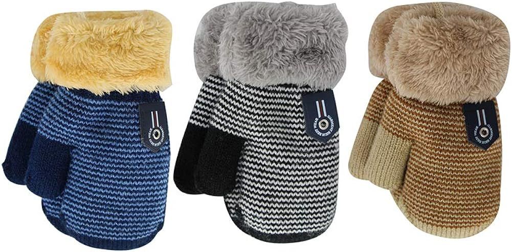 ORVINNER 3 Pairs Baby Boys Girls Winter Sherpa Lined Mittens Toddler Kids Warm Knit Gloves with S... | Amazon (US)