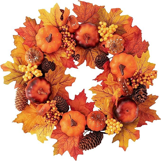 joybest 15 inch Fall Door Wreath Autumn Maple Leaf Pumpkin Pinecone Harvest Wreath for Front Door... | Amazon (US)