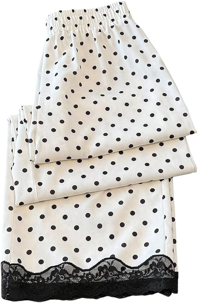 Verdusa Women's Polka Dots Lace Palazzo Pants Elastic Waist Wide Leg Trousers Brunch Outfits | Amazon (US)