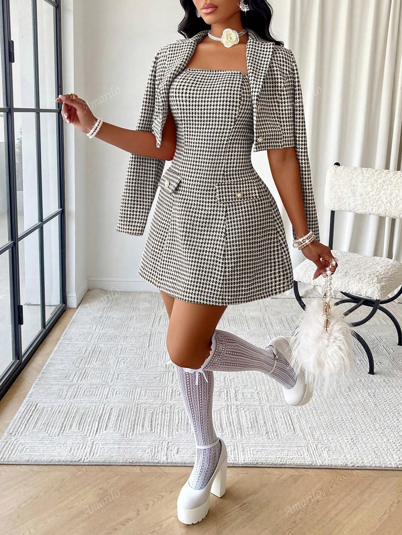 Women's Plaid Tweed A-Line Autumn And Winter  Tube Dress & Crop Jacket Set Two Piece For Dating | SHEIN