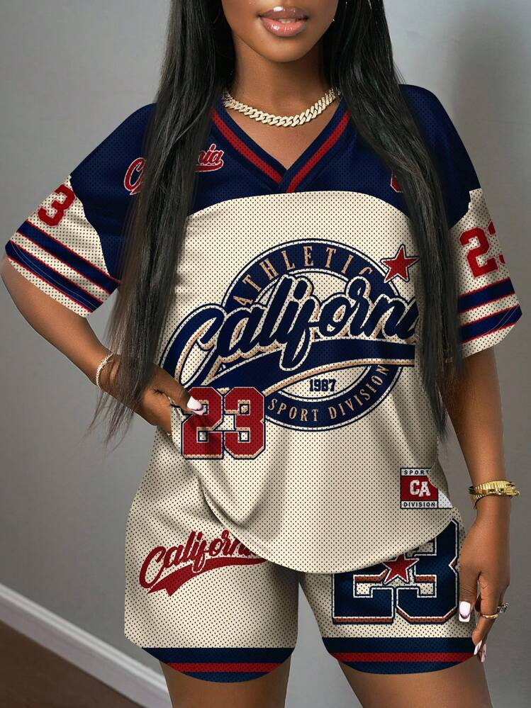 Slaydiva 2pcs/Set Plus Size Casual Minimalist Numeric Print Sports Set, Suitable For SummerSummer Outfits For Women,Two Piece Set Women,Back To School Suitable For Going Out | SHEIN