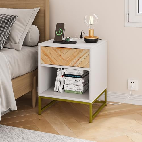 Mid Century Modern Nightstand with Charging Station, Bedside Table with Herringbone Wood Decor Drawer, End Tables Bedroom with Metal Legs, Night Stand for Bedroom,Living Room | Amazon (US)