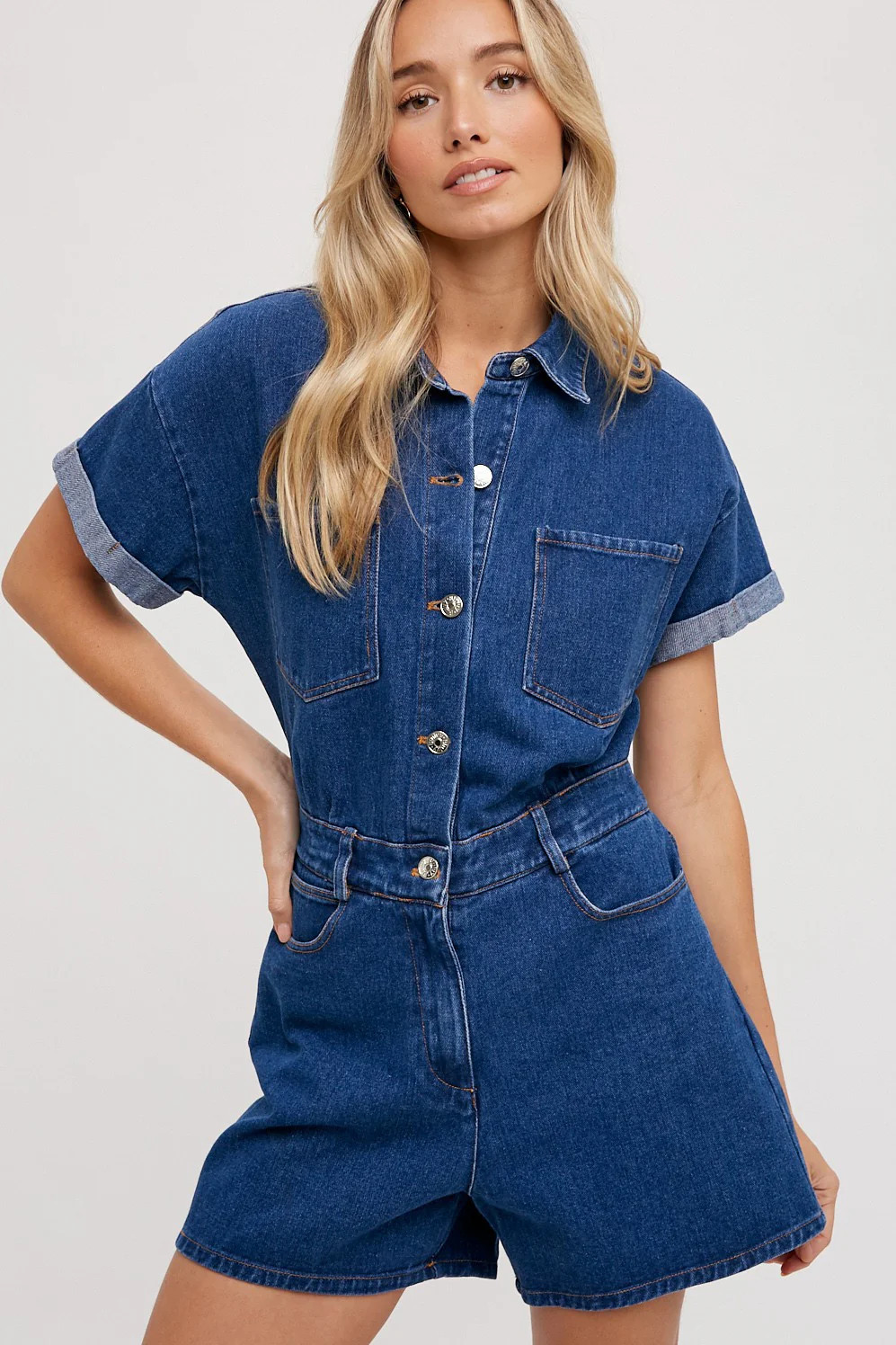 Medium Denim Button Down Shirt Romper | PinkBlush Maternity