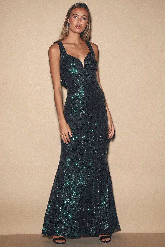 Forever Glam Emerald Green Sequin Mermaid Maxi Dress | Lulus (US)