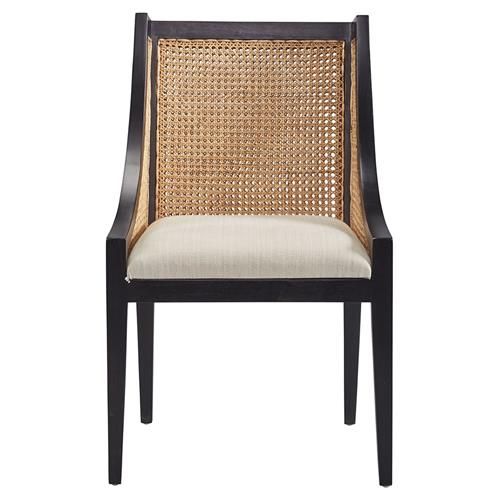 Lyndon Coastal Black Mahogany White Upholstered Seat Cane Dining Chair | Kathy Kuo Home