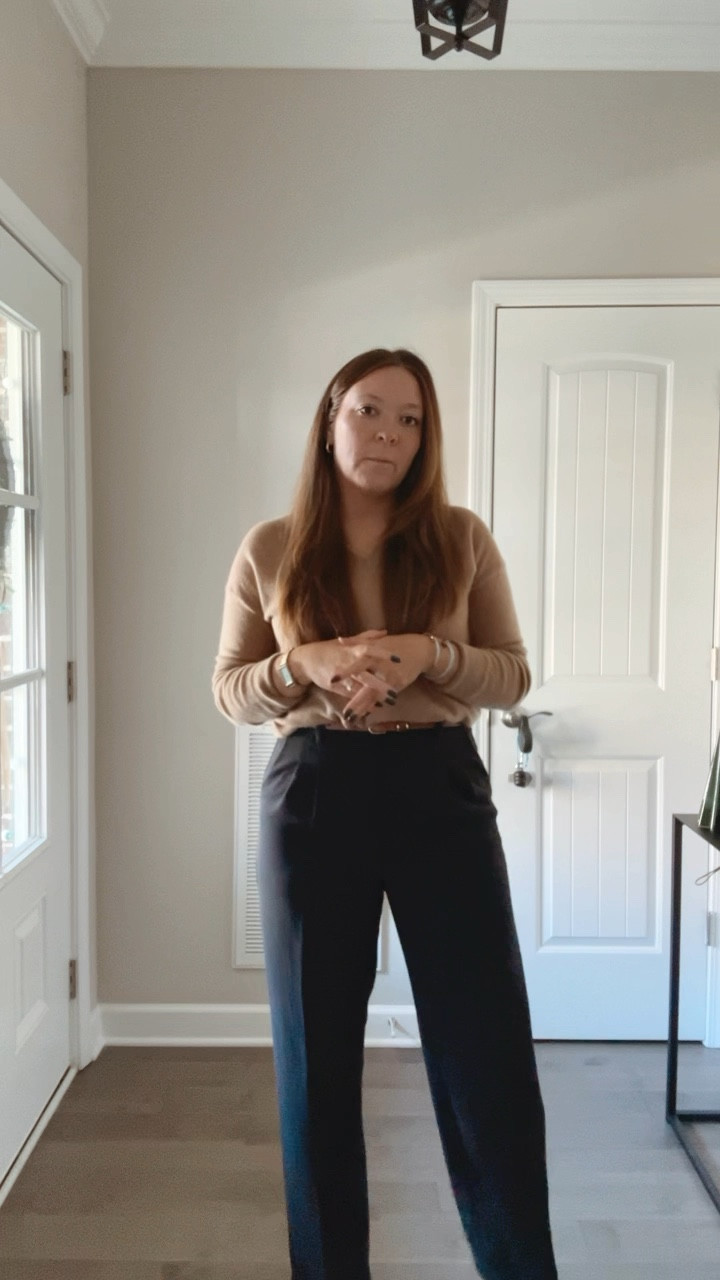 Vneck cashmere sweater - wearing a small 
Navy wide leg trousers - wearing a 10 
Skinny brown belt 
Camel pumps - tts 
Evil eye necklace 
Gold watch 
Silver ring 
Gold hoop earrings 

#LTKSaleAlert #LTKWatchNow #LTKWorkwear