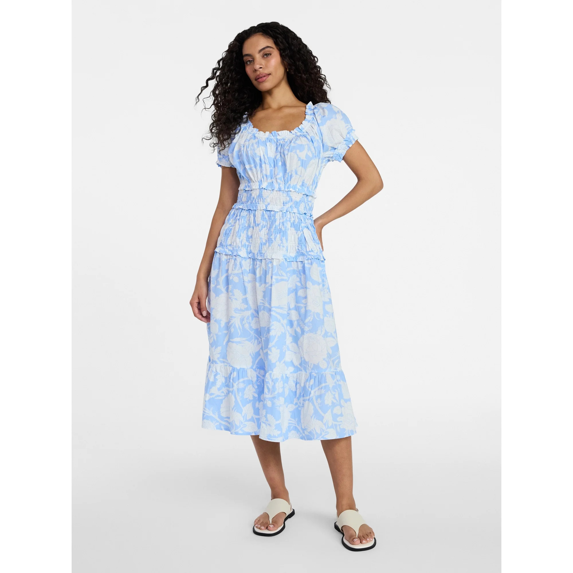 Time and Tru Women's Smocked Cotton Peasant Dress with Short Sleeves, Sizes XS-XXXL | Walmart (US)