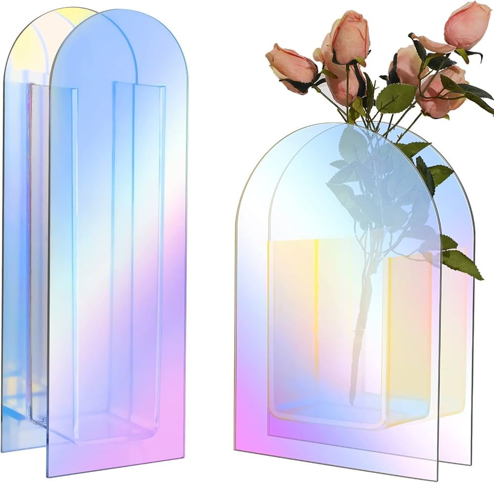 2 Pcs Iridescent Acrylic Vase Iridescent Arch Shape Vase Aesthetic Rainbow Vase Modern Vase Color... | Amazon (US)