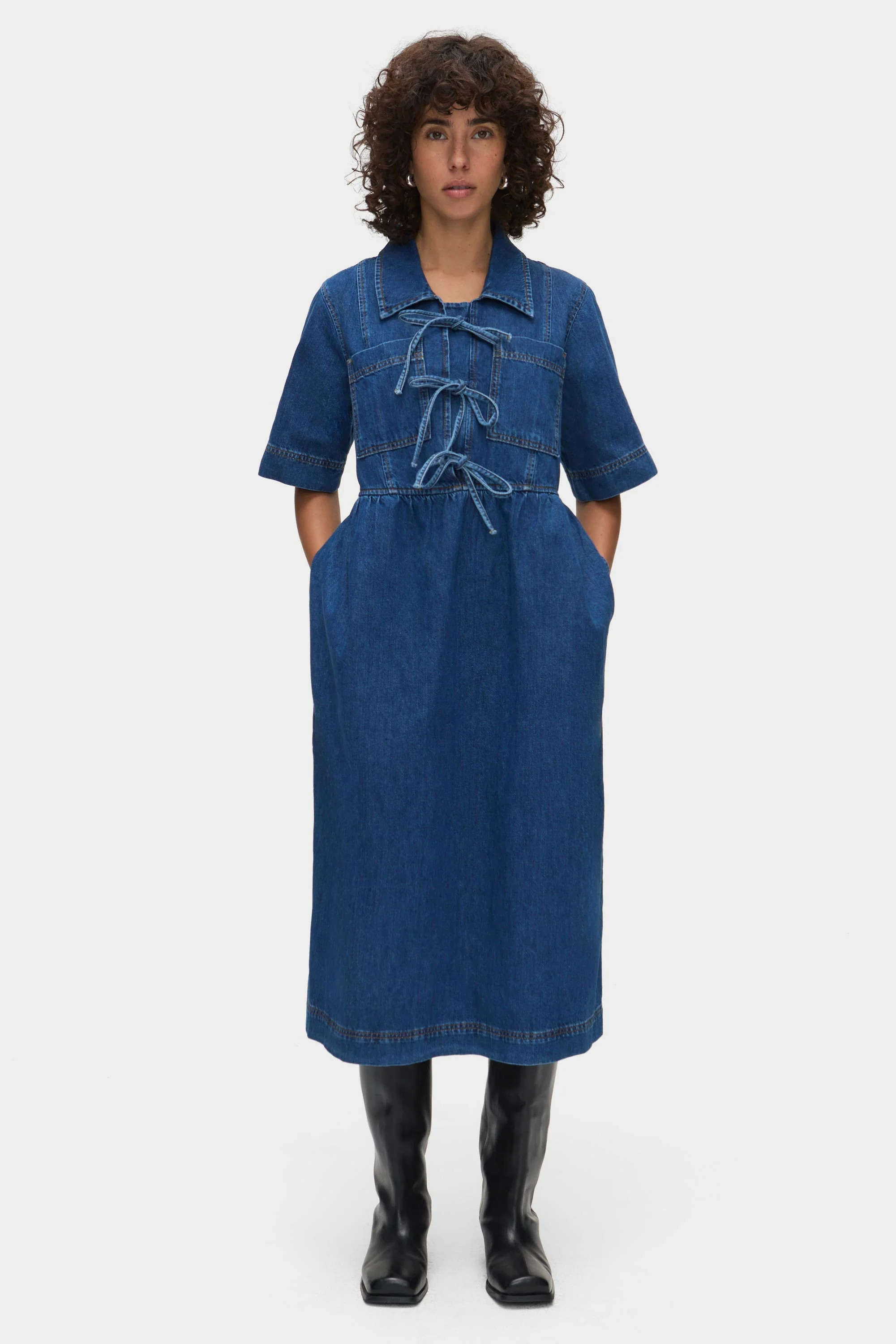 ALIGNE Tie Front Denim Dress - Mid Blue | Effy | ALIGNE UK & EU