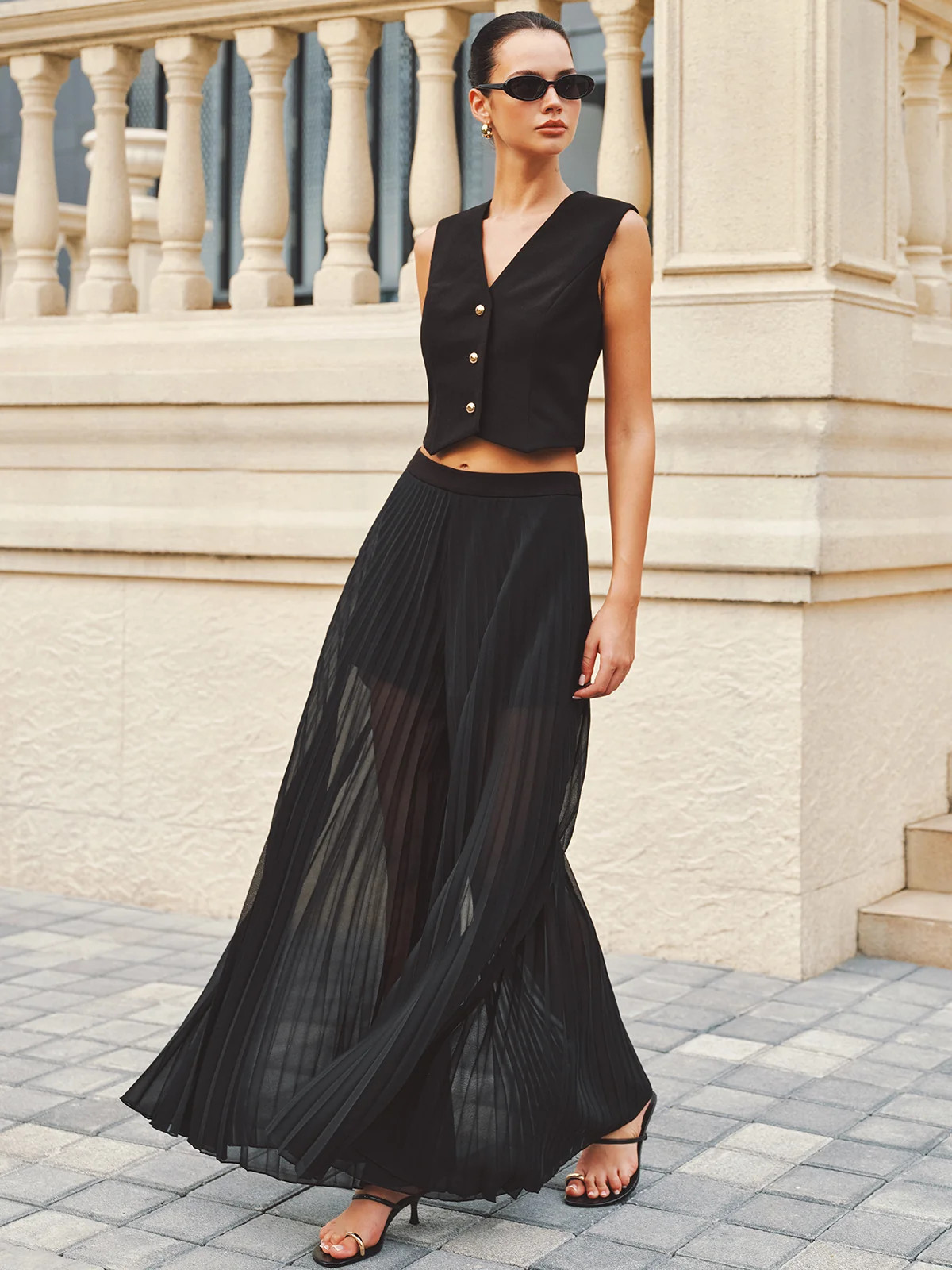 Cropped Vest & Sheer Pleated Palazzo Pants Set | Commense