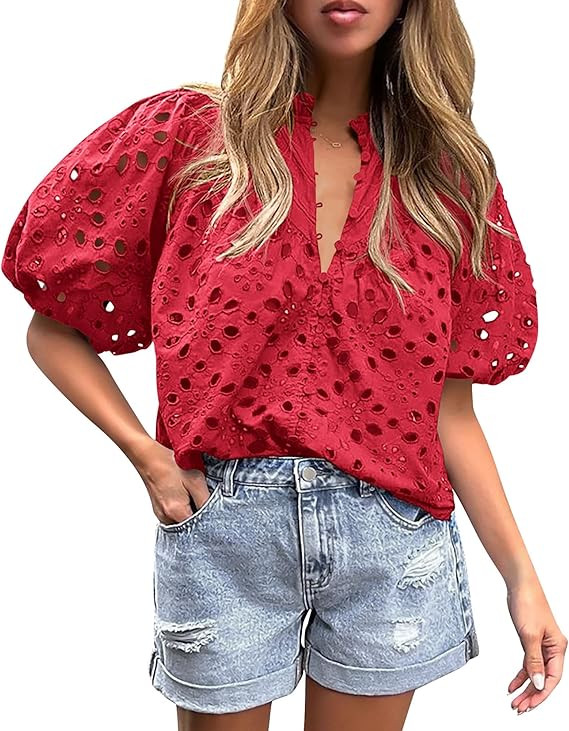 PRETTYGARDEN Women's Summer Tops 2025 Dressy Casual Short Sleeve V Neck Buttons Hollow Out Lace E... | Amazon (US)