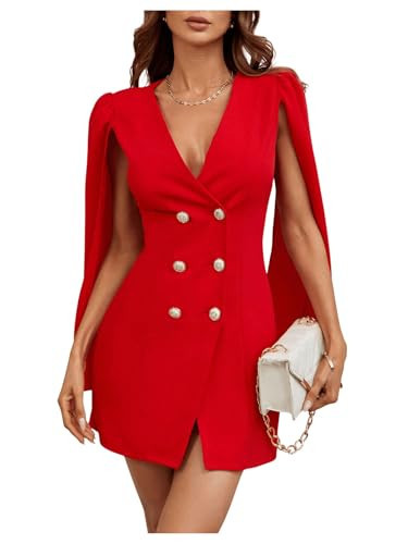 Floerns Women's V Neck Double Breasted Cape Blazer Split Sleeve Elegant Blazer Dress Red Small | Amazon (US)