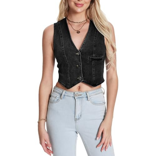 ruiweyike Denim Vest Women Black Jean Vest Sleeveless V Neck Button Down Cropped Denim Top Fitted | Amazon (US)
