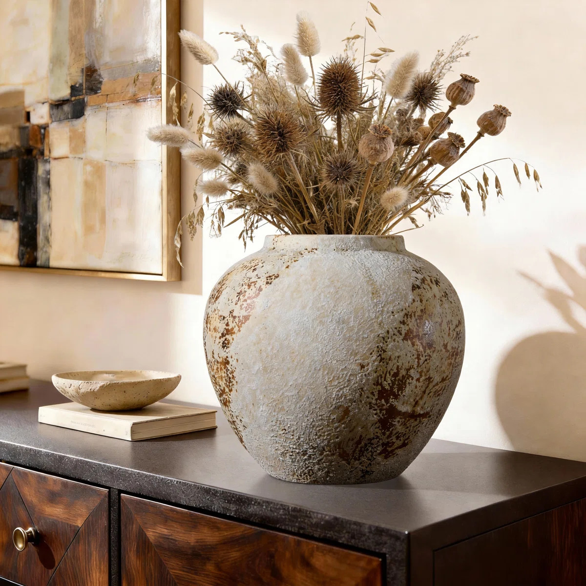 Handmade Ceramic Wide Textured Table Vase, Rustic Style Decorative Vase for Home, Office, Bedroom... | Wayfair North America