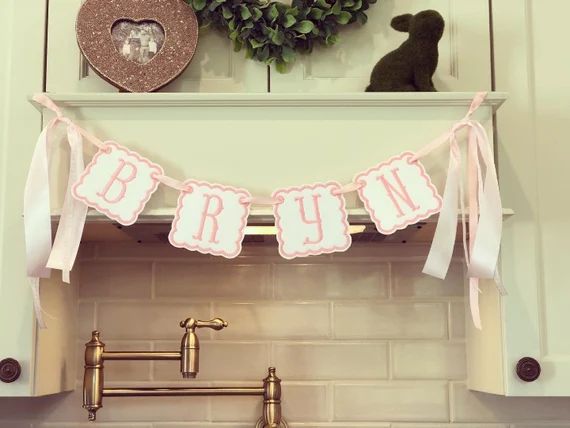 White & Pink embroidered scalloped name banner | Etsy (US)