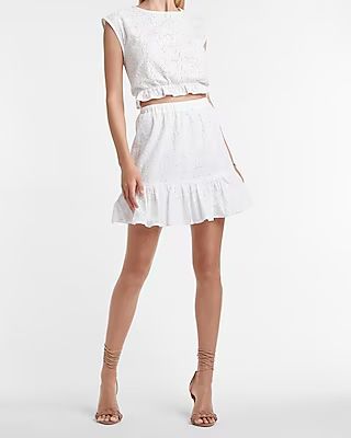 High Waisted Eyelet Lace Ruffle Mini Skirt | Express