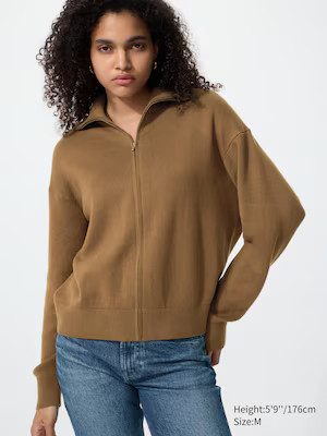 UNIQLO Women's Smooth Cotton Full Zip Cardigan, Brown, Small, 100% Cotton | UNIQLO (US)