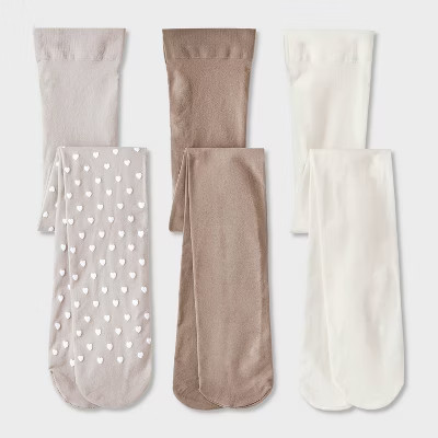 Toddler Girls' 3pk 'Hearts' Tights - Cat & Jack™ Gray/Ivory/Taupe 2T-3T: High Waisted, Full Wai... | Target