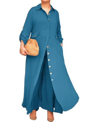 CHICME Womens 2 Piece Casual Outfits Long Sleeve Button Down Longline Shirt and Wide Leg Pants Set Lounge Set-tbl-M | Amazon (US)