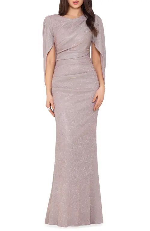 Betsy & Adam Cape Sleeve Trumpet Gown in White/Pink/Gold at Nordstrom, Size 10 | Nordstrom