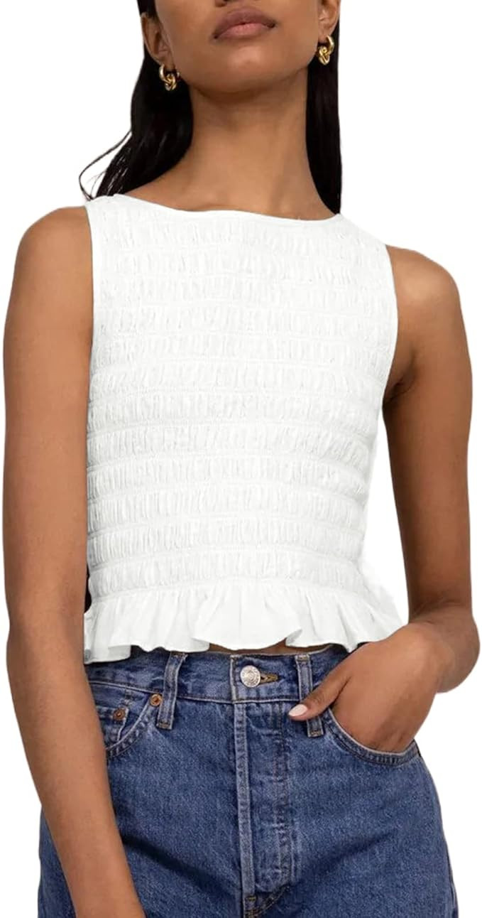 Women Shirred Tank Top Ruffle Sleeveless Tanks Frill Smocked Halter Cami Tops Summer Streetwear | Amazon (US)