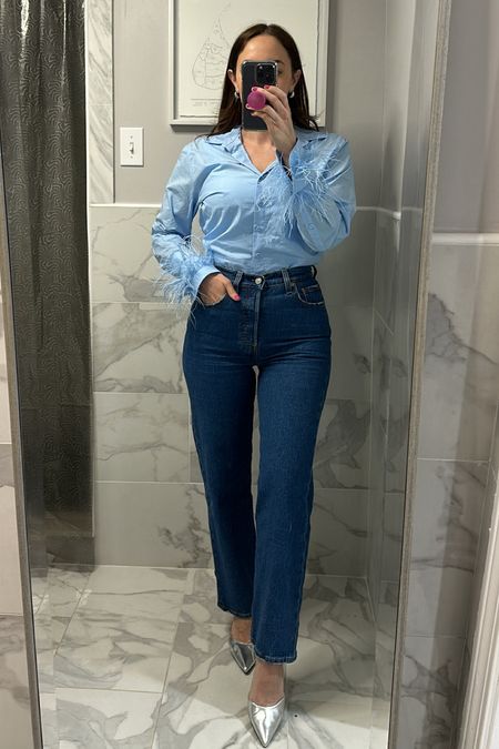 Birthday brunch outfit! 

Top underneath is on sale 

Jeans are so good and currently on sale. Wearing a 25  x 29 (too long for sneakers but perfect for heels. I am 5’3”)

Heels are so comfy and on sale!