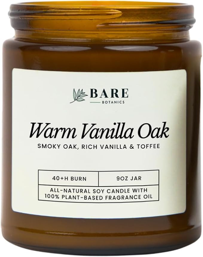 Bare Botanics Warm Vanilla Oak 9oz Soy Candle - 100% Plant-Based Fragrance Oils - Premium, Non-To... | Amazon (US)