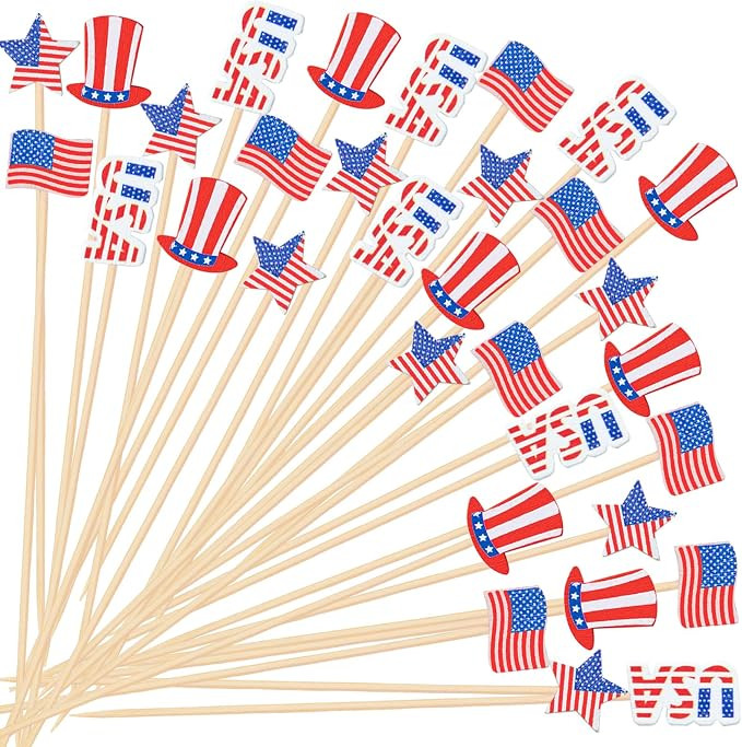 100Pcs 4th of July Patriotic Cocktail Picks, Red White Blue Star Flag Hat Shaped Bamboo Toothpick... | Amazon (US)