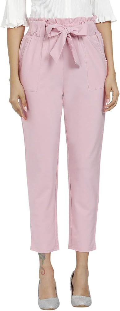 Freeprance Women's Pants Casual Trouser Paper Bag Pants Elastic Waist Slim Pockets | Amazon (US)