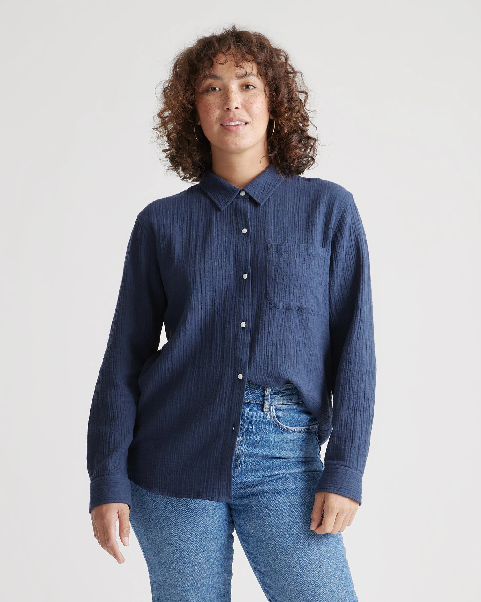 100% Organic Cotton Gauze Long Sleeve Shirt in Indigo Blue | Quince