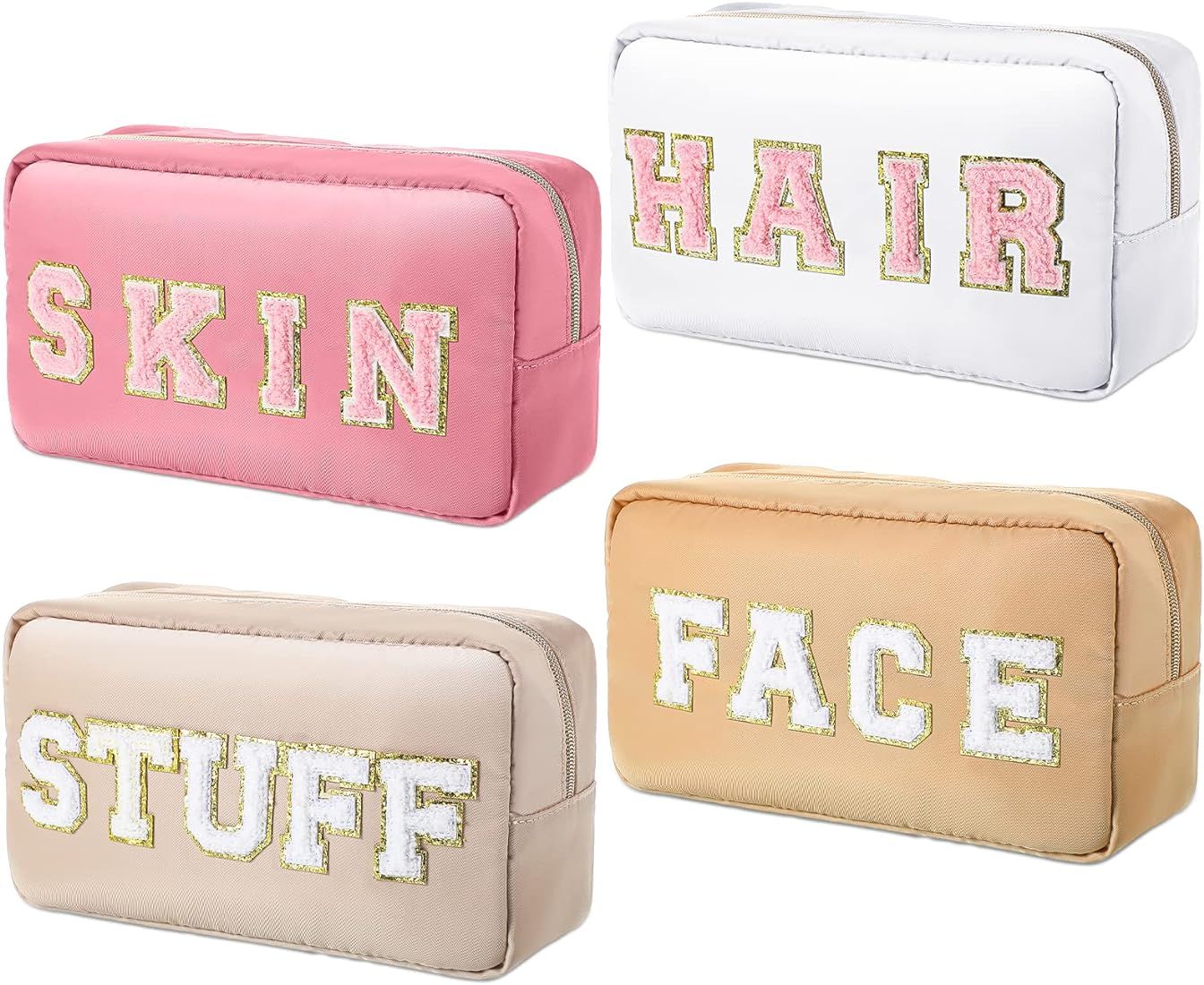 4 Pcs Nylon Cosmetic Bag Chenille Letter Cosmetic Pouch Zipper Preppy Waterproof Hair Bag with Pa... | Amazon (US)
