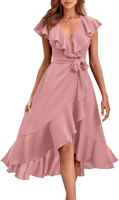 PRETTYGARDEN Womens Summer Wrap V Neck Split Party Dress Ruffle Short Sleeve Midi Dress With Belt | Amazon (US)