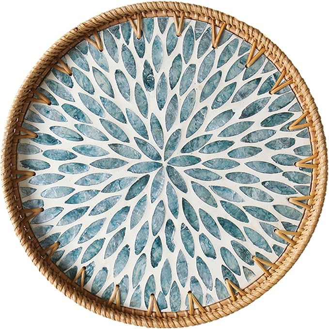 Round Rattan Tray with Mother of Pearl Inlay, Wooden Base | Coffee Table Serving Tray, Home Decor... | Amazon (US)