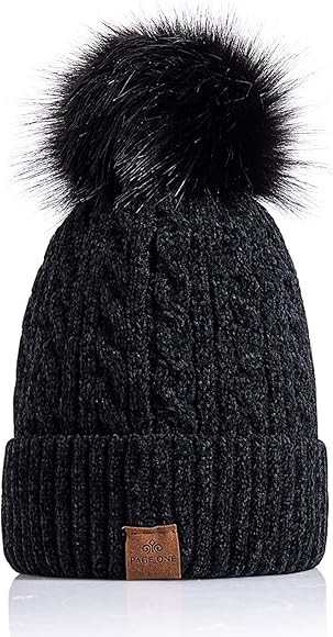 PAGE ONE Women Winter Pom Pom Beanie Hats Warm Fleece Lined,Chunky Trendy Cute Chenille Knit Twis... | Amazon (US)