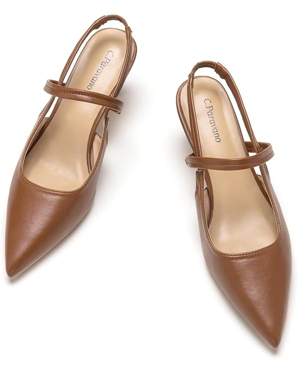 C.Paravano Women's Slingback Pumps | Leather Kitten Heels | Closed Heeled Sandal | Pointed Toe Pu... | Amazon (US)
